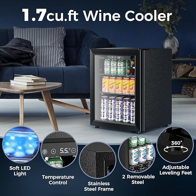 1.7 Cu.ft Beverage Refrigerator Cooler, 68 Can Mini Fridge Glass Door with Adjustable Shelves, Digital Temperature Display, Freestanding Small Drink Fridge for Home, Office or Bar(Black)-DeskoryOffice