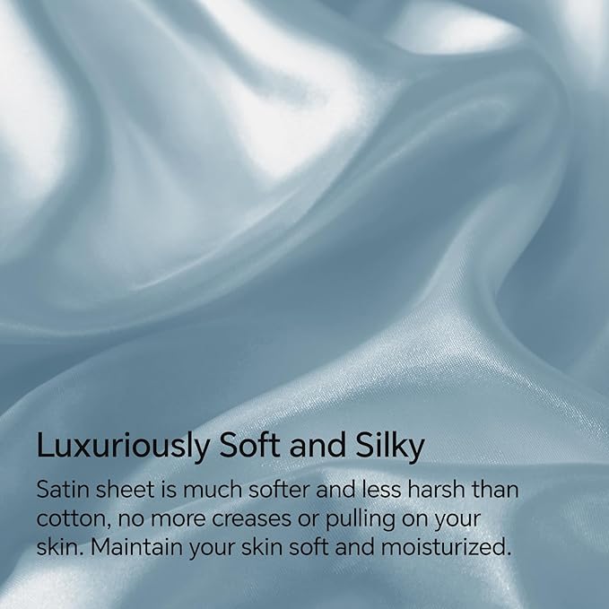 BEDELITE Satin Sheets Twin XL Size Bed Set, Luxury Soft Light Blue Silky Sheets - Image 3