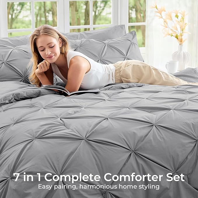 Sasttie Queen Comforter Set, 7-Piece Bed in a Bag, Pintuck Bedding Sets - Image 6