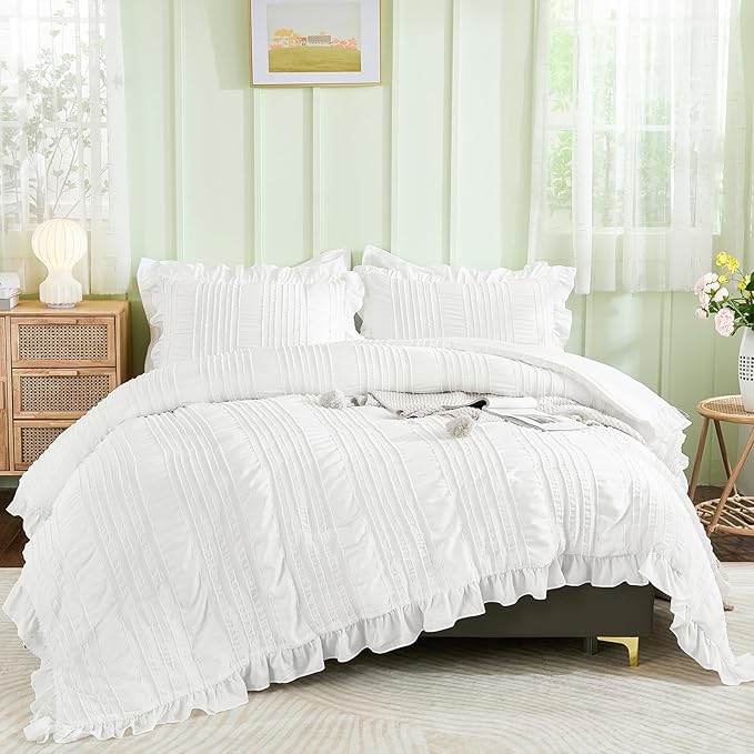 WONGS BEDDING White Queen Comforter Set, Boho Ruffle Comforter by WONGSBEDDING