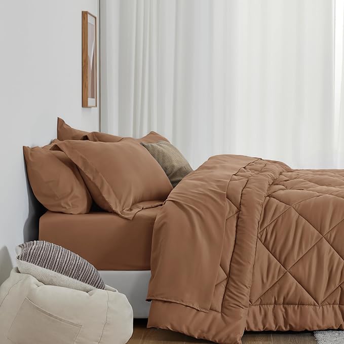 Love's cabin Queen Comforter Set Mocha Mousse, 7 Pieces Queen Bed in a Bag - Image 8