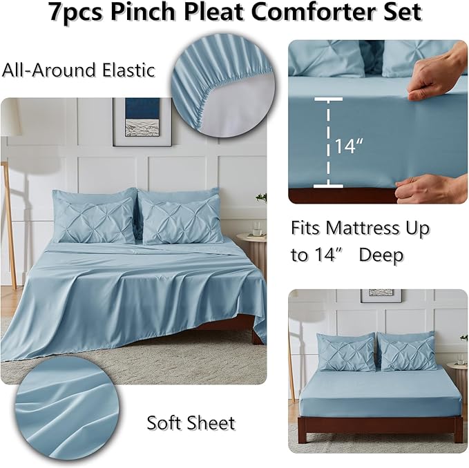 CozyLux King Size Comforter Set Light Blue, 7 Pieces Pintuck Bed in A Bag Blue - Image 6
