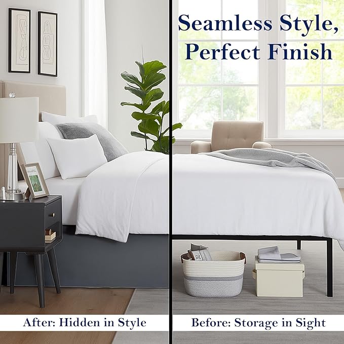 Queen Bed Skirt, Luxury 18 Inch Drop Dark Grey Pleated Bed Skirt, Double Brushed Microfiber, Box Pleat Design, Wrinkle & Fade Resistant, Easy Fit Tailored Bedskirt for Queen Size Beds