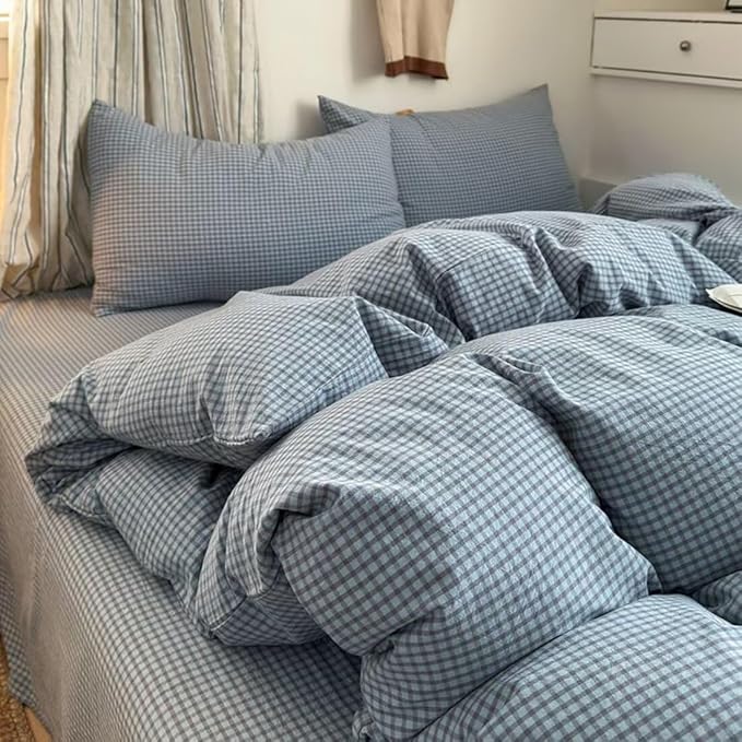 PinkMemory Blue Gingham Duvet Cover Bedding Set King 100% Washed Cotton Blue - Image 4