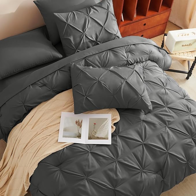 CozyLux King Size Comforter Set Dark Grey, 7 Pieces Pintuck Bed in A Bag Gray - Image 4