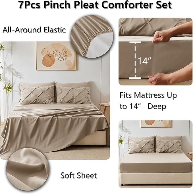 CozyLux Queen Comforter Set Khaki, 7 Pieces Pintuck Bed in A Bag, Premium Khaki - Image 4