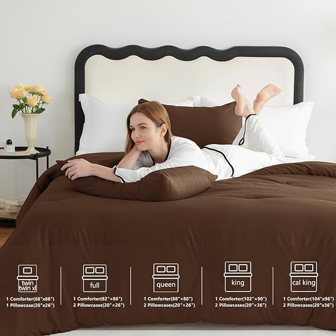CozyLux King Size Comforter Set Brown, 3 Pieces Solid Comforters King Size - Image 7