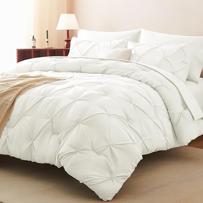 CozyLux Full Size Comforter Sets Ivory, 7 Pieces Pintuck Bed in A Bag Ivory - Image 9
