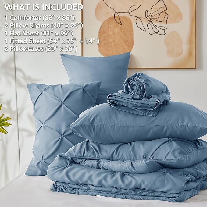 CozyLux Full Size Comforter Sets Grayish Blue, 7 Pieces Pintuck Bed in A Bag - Image 6