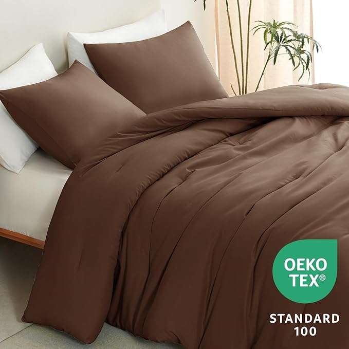 CozyLux Oversized Queen Comforter Set Brown, 3 Pieces 98x98 Solid Breathable - Image 8