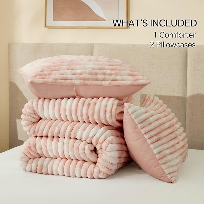 BEDELITE Fleece Twin Comforter Set -Super Soft & Warm Fluffy Pink&White Bedding - Image 6