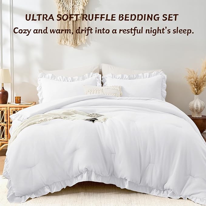 FUANNA Full Size Comforter Sets White, 3 Pieces Ruffle Full Size Bedding Sets - Image 5