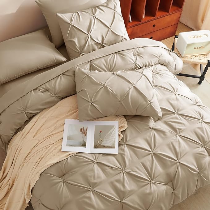 CozyLux Full Size Comforter Sets Khaki, 7 Pieces Pintuck Bed in A Bag Khaki - Image 9