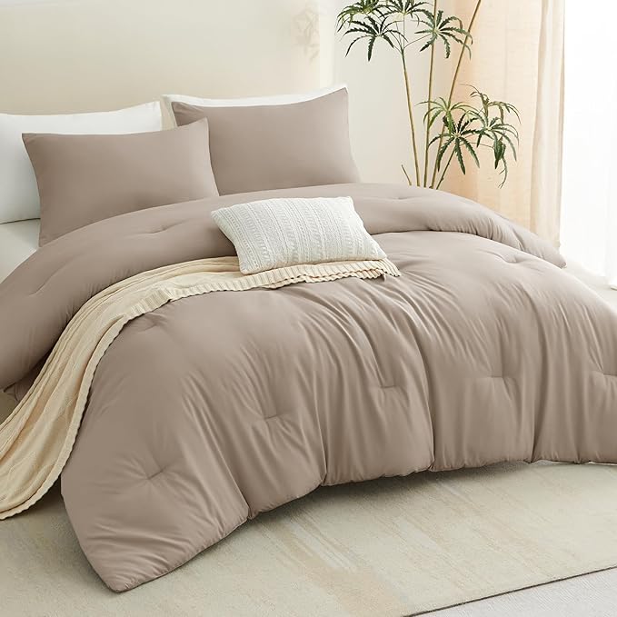CozyLux King Size Comforter Set Khaki, 3 Pieces Solid Comforters King Size - Image 9