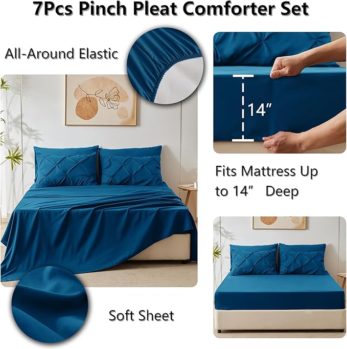 CozyLux Full Size Comforter Sets Teal, 7 Pieces Pintuck Bed in A Bag Teal - Image 7