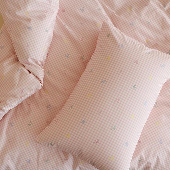 mixinni Gingham Duvet Cover Twin Size, 100% Cotton Light Pink and White Gingham - Image 6