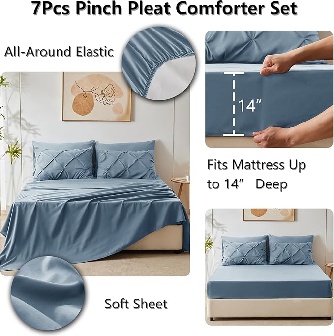 CozyLux Queen Comforter Set Mineral Blue, 7 Pieces Pintuck Bed in A Bag - Image 6