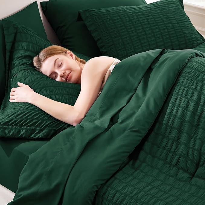 CozyLux Oversized King Comforter Set Emerald Green Seersucker 7 Pieces 120x98 - Image 3