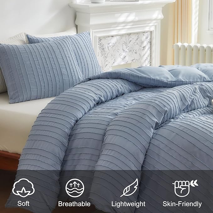WARMDERN Blue Boho Duvet Cover King Size, Striped Textured Duvet Cover Set - Image 3
