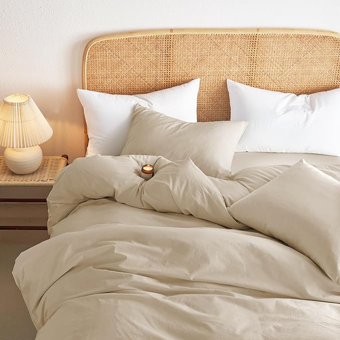 Wake In Cloud - Cotton Duvet Cover Set, Queen Size, Khaki Linen Color, 100% - Image 5