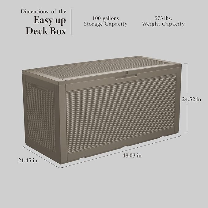 100 Gallon Lockable Resin Deck Box, Waterproof & UV-Resistant Outdoor Storage Box for Outdoor Cushion Storage, Garden Tools & Pool Accessories Storage, Gray-DeskoryOffice