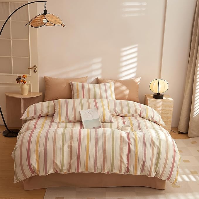 mixinni Vintage Striped Duvet Cover Set Twin, 3-Piece Washed Cotton Bedding Set - Image 3