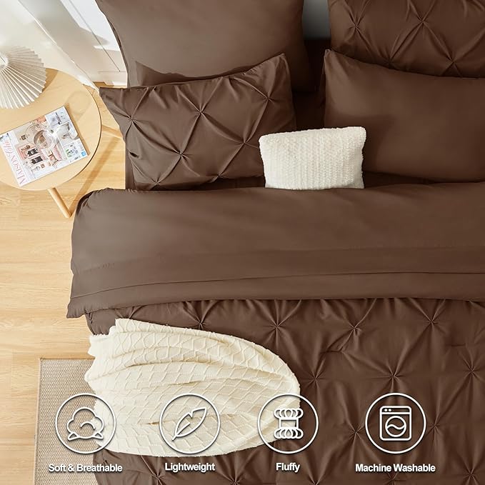 CozyLux Full Size Comforter Sets Brown, 7 Pieces Pintuck Bed in A Bag Brown - Image 2