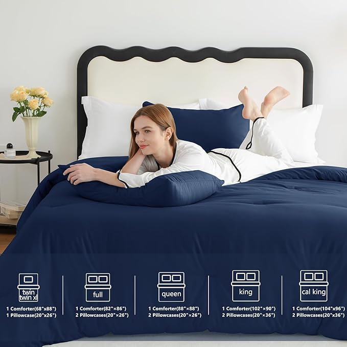 CozyLux Navy Blue King Size Comforter Set, 3 Pieces Solid Breathable Quilted - Image 6