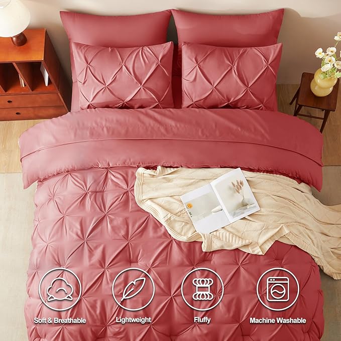 CozyLux King Size Comforter Set Coral, 7 Pieces Pintuck Bed in A Bag Coral - Image 2