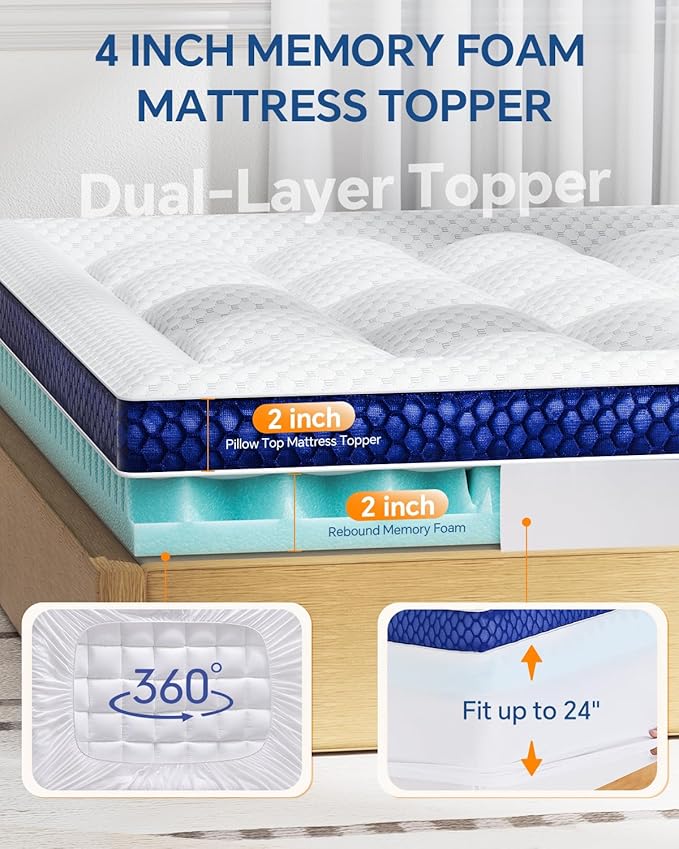 BEDELITE King Mattress Topper Dual Layer 4 Inch Memory Foam Mattress Topper - Image 5