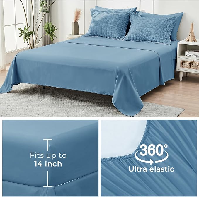 HYMOKEGE Mineral Blue California King Comforter Set Seersucker 7 Pieces - Image 7