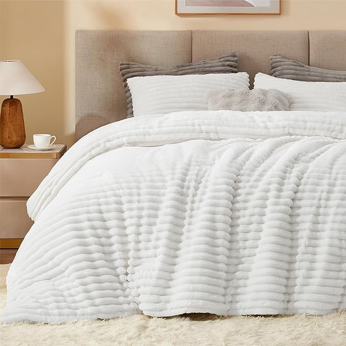 BEDELITE Fleece King Comforter Set -Super Soft & Warm Fluffy Bright White by BEDELITE