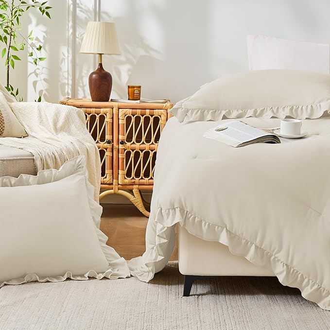 FUANNA Queen Comforter Set Cream White, 3 Pieces Ruffle Queen Bed Set, Fluffy - Image 6