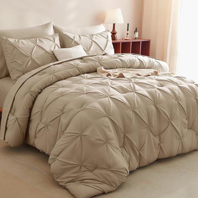 CozyLux Queen Comforter Set Taupe, 7 Pieces Pintuck Bed in A Bag, Premium Taupe by CozyLux