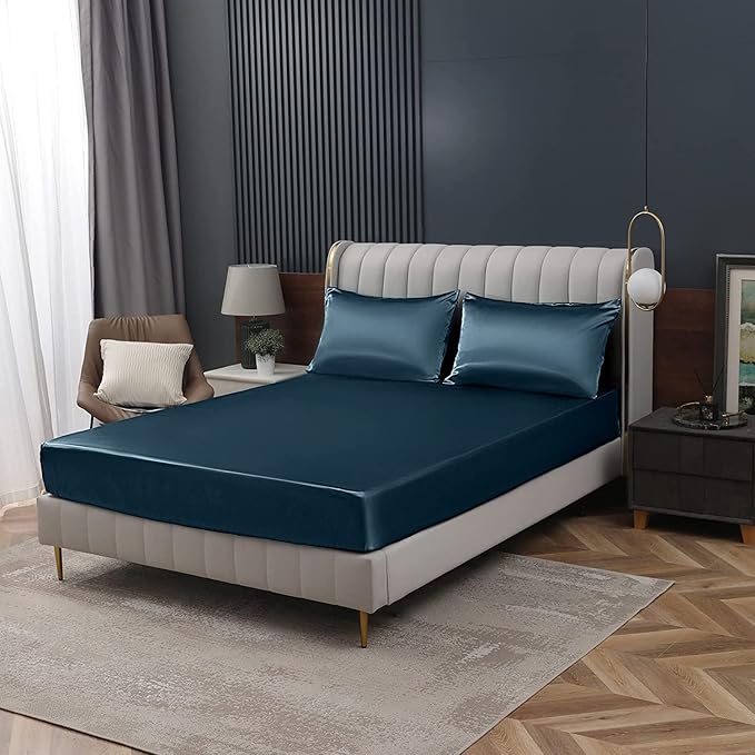 Homiest Deep Sea Blue Satin Fitted Sheet Twin XL Size, Deep Pocket, Luxury & - Image 9