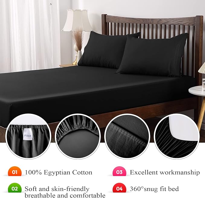 Queen Size Fitted Sheet Only Black, 100% Egyptian Cotton 600 Thread Count - Image 7