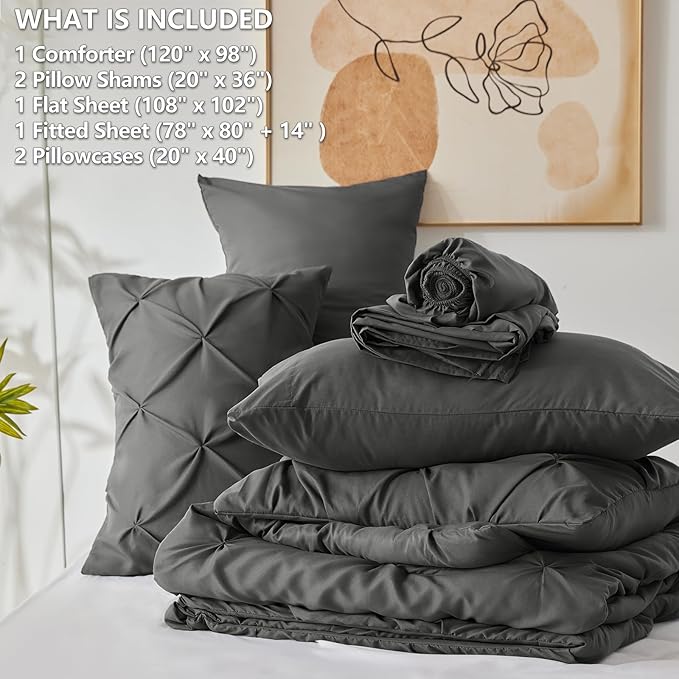 HIMEET Pintuck Bed in a Bag, 7 Pieces Oversized King Comforter Set Dark Grey - Image 8