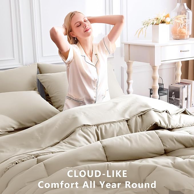 CozyLux Full Size Comforter Sets Oatmeal, 7 Pieces Bed in a Bag, Oatmeal - Image 4