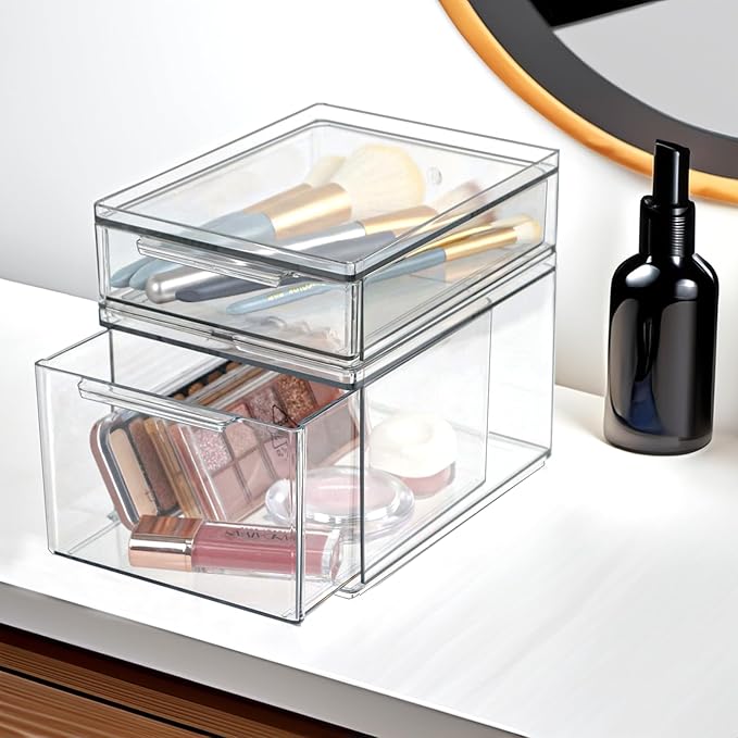Set of 2 Stackable Storage Drawers - 6.7" Clear Plastic Drawer Storage, Acrylic Makeup Organizer, Desk Counter Cabinet Office Organizer, Bathroom Organizers and Storage (Modern/Set of 2)-DeskoryOffice