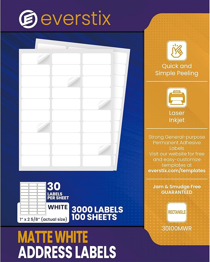 1" x 2-5/8", 100 Sheets, 3000 Mailing Address Labels, White Sticker Labels for Laser & Inkjet Printers, Permanent Adhesive-DeskoryOffice