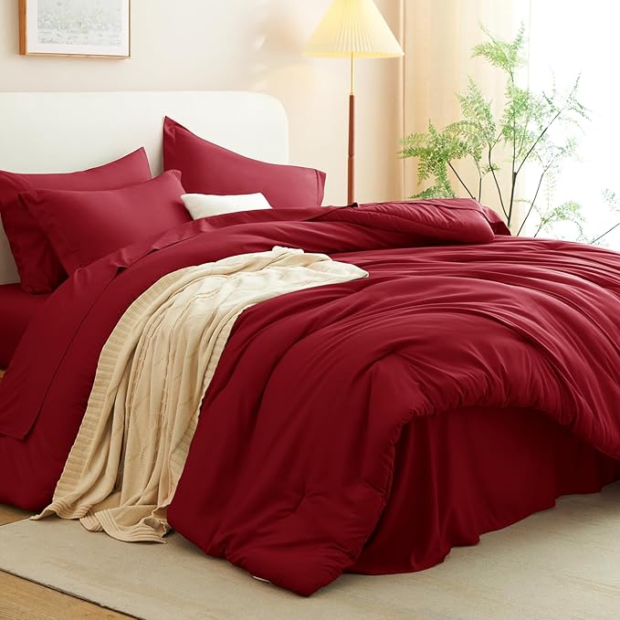 CozyLux Queen Comforter Set Dark Red, 7 Pieces Bed in a Bag Queen Comforter Set - Image 9