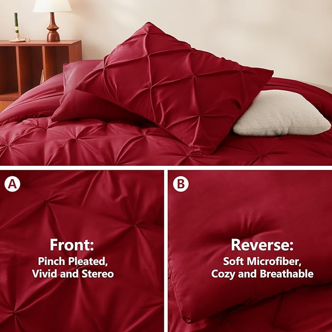 CozyLux Full Size Comforter Sets Dark Red, 7 Pieces Pintuck Bed in A Bag Red - Image 3