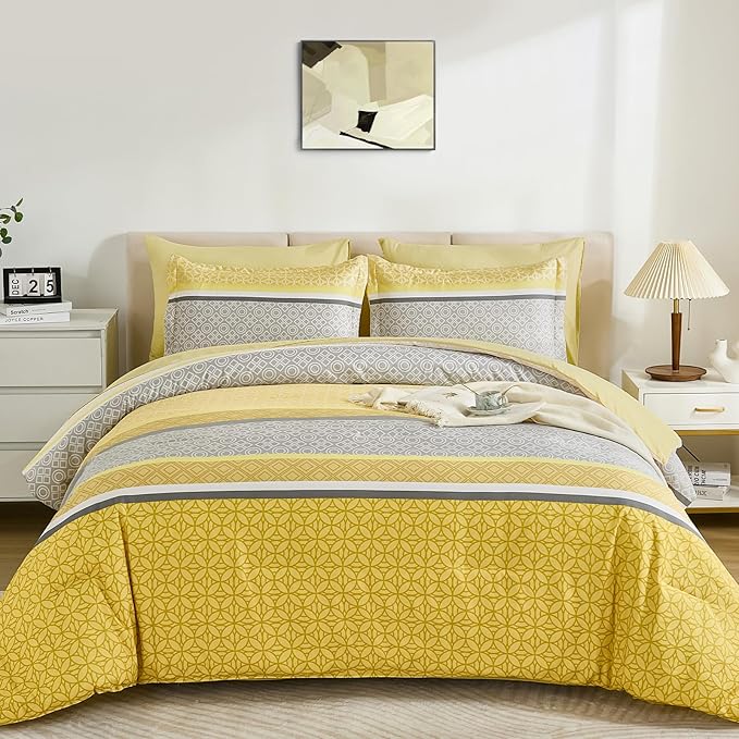 WONGS BEDDING Yellow Comforter Set Queen Size, 7 Pieces Striped Bed in a Bag - Image 2