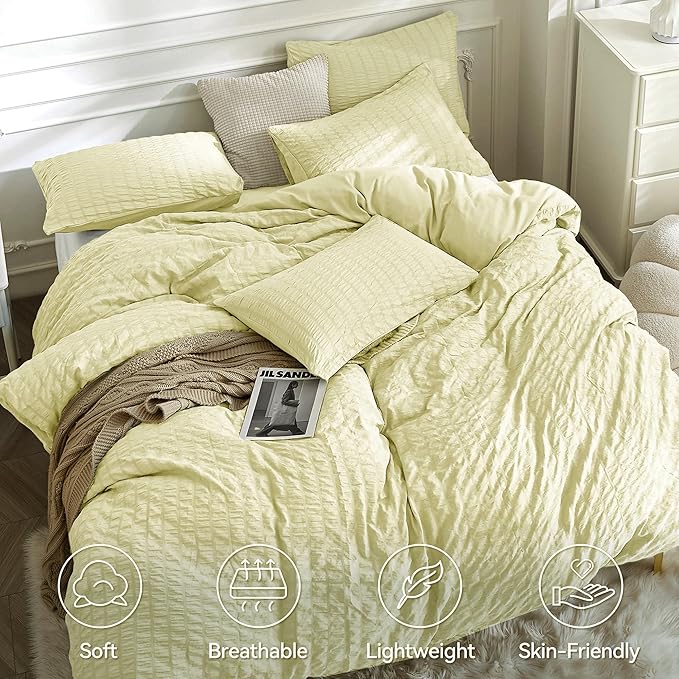 JELLYMONI Light Yellow Duvet Cover Twin Size, Soft Breathable Seersucker Duvet - Image 2