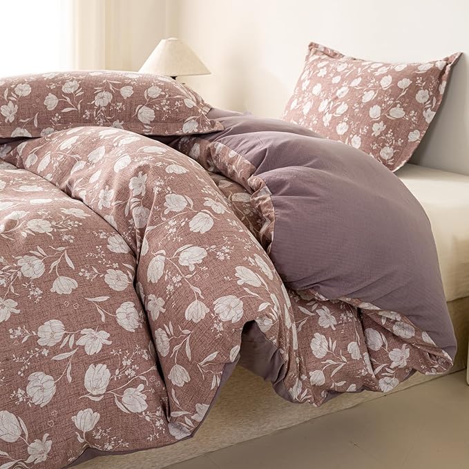 OAITE Purple Flower Queen Size Duvet Cover-3 Pieces Prewashed Cotton-Like - Image 2