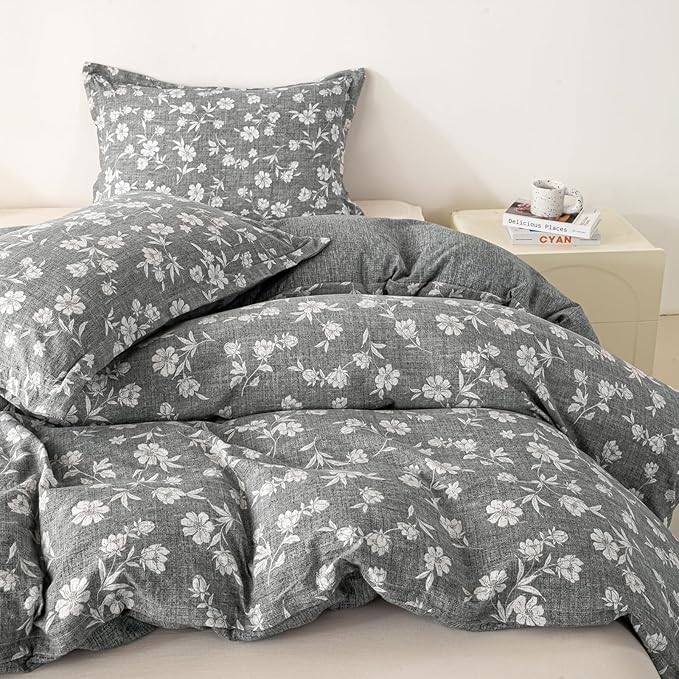 OAITE Grey Flower Twin Size Duvet Cover-3 Pieces Prewashed Cotton-Like - Image 3