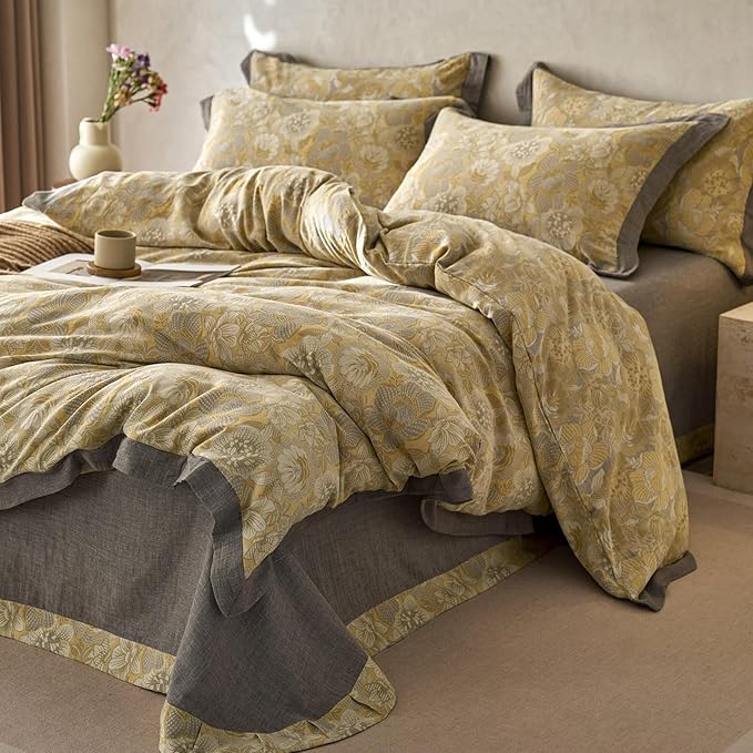 mixinni Duvet Cover Queen, Premium Cotton Double-Layer Yarn Golden Floral - Image 8