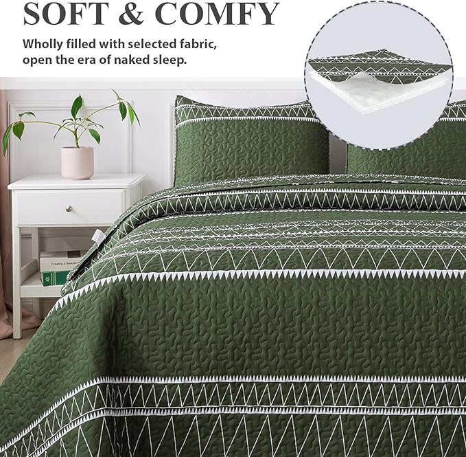 Andency Green California King Quilt Set, 3 Pieces Boho Lightweight Soft Striped - Image 3