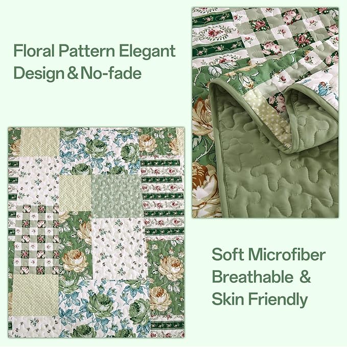 Anibedding Patchwork Quilt Set King Size Sage Green Floral Bedspread Coverlet - Image 4