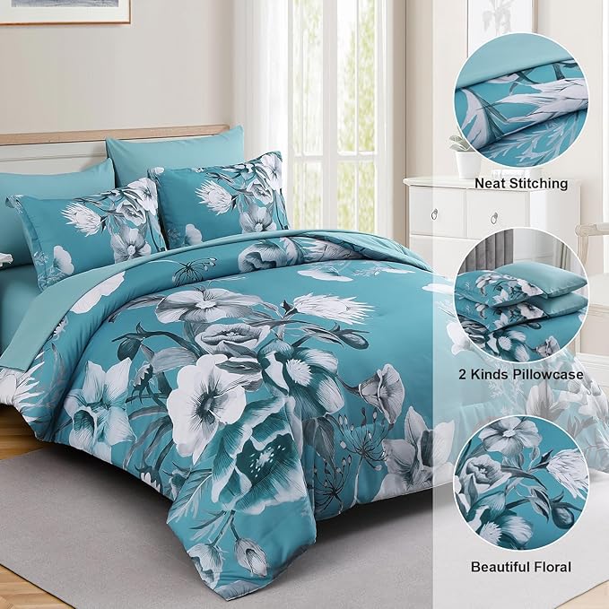 Luxudecor Floral Comforter Set King Size 7 Piece, Teal Blue Flower Bed in a Bag - Image 6